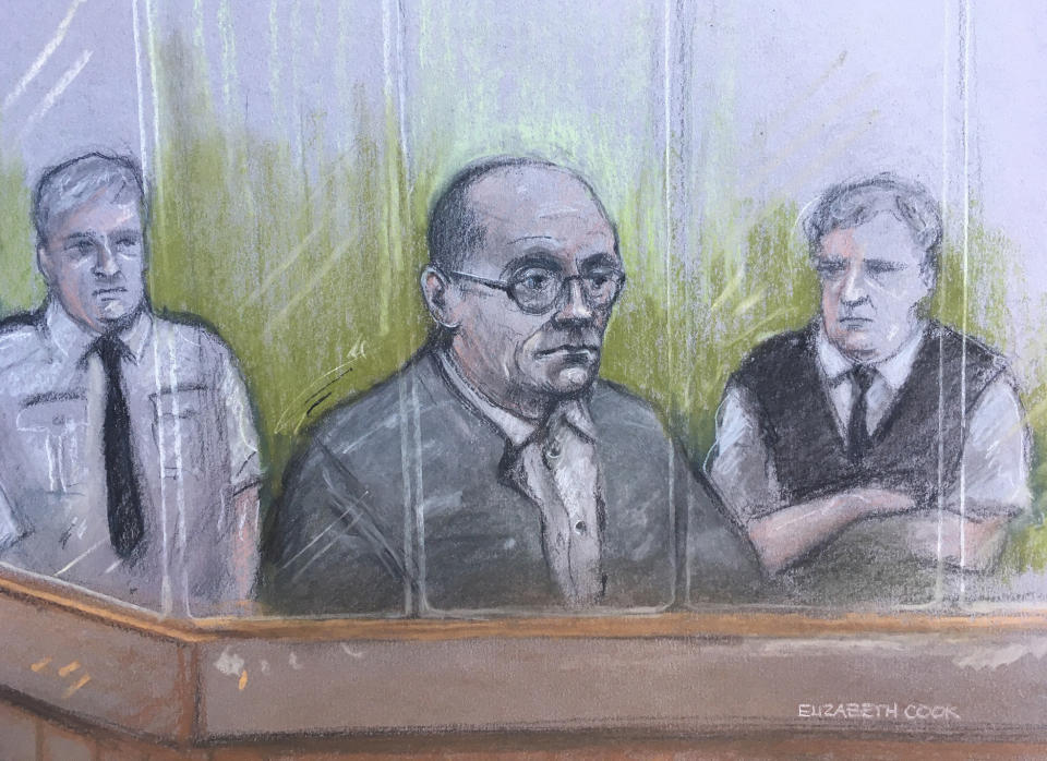 Court sketch of Russell Bishop, centre, who has been convicted of the murder of the so-called Babes in the Wood murders of Nicola Fellows and Karen Hadaway in Wild Park, Brighton, October 1986. (Elizabeth Cook/PA).