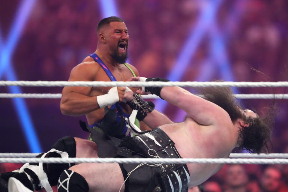 Jan 27, 2024; St. Petersburg, FL, USA; Bron Breakker attacks Ivar during the Men’s Royal Rumble match at Tropicana Field. Mandatory Credit: Joe Camporeale-USA TODAY Sports