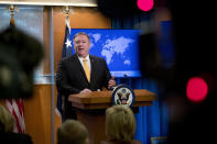 Secretary of State Mike Pompeo speaks at a news conference at the State Department in Washington, Friday, Feb. 1, 2019. Secretary of State Mike Pompeo has announced that the U.S. is pulling out of a treaty with Russia that's been a centerpiece of arms control since the Cold War. (AP Photo/Andrew Harnik)