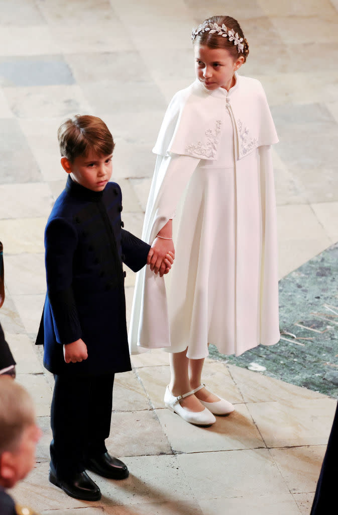 LONDON, ENGLAND - MAY 06: Prince Louis and Princess Charlotte arrive for the Coronation of King Charles III and Queen Camilla on May 6, 2023 in London, England. The Coronation of Charles III and his wife, Camilla, as King and Queen of the United Kingdom of Great Britain and Northern Ireland, and the other Commonwealth realms takes place at Westminster Abbey today. Charles acceded to the throne on 8 September 2022, upon the death of his mother, Elizabeth II. (Photo by Phil Noble - WPA Pool/Getty Images)