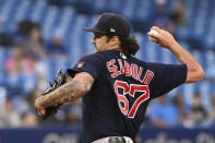 Boston Red Sox starting pitcher Connor Seabold throws to a Toronto Blue Jays batter in the first inning of a baseball game in Toronto, Monday, June 27, 2022. (Jon Blacker/The Canadian Press via AP)