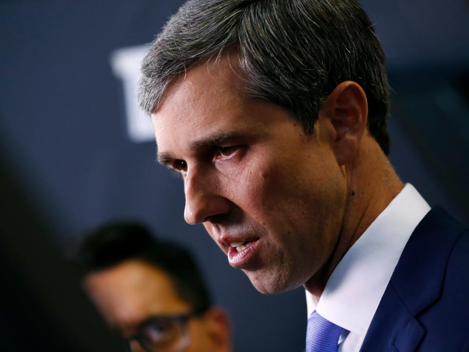 FILE PHOTO: Former Rep. Beto O'Rourke talks to reporters in the Spin Room after the fourth Democratic U.S. 2020 presidential election debate at Otterbein University  in Westerville, Ohio October 15, 2019. REUTERS/Aaron Josefczyk/File Photo