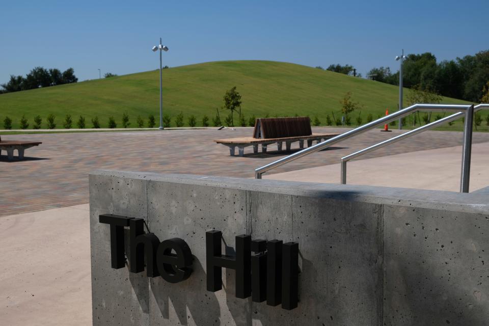 The Hill pavilion is pictured Friday, Sept. 26, 2022, with the Overlook Hill in the background. Scissortail Park's lower half will opens Sept. 23-25.