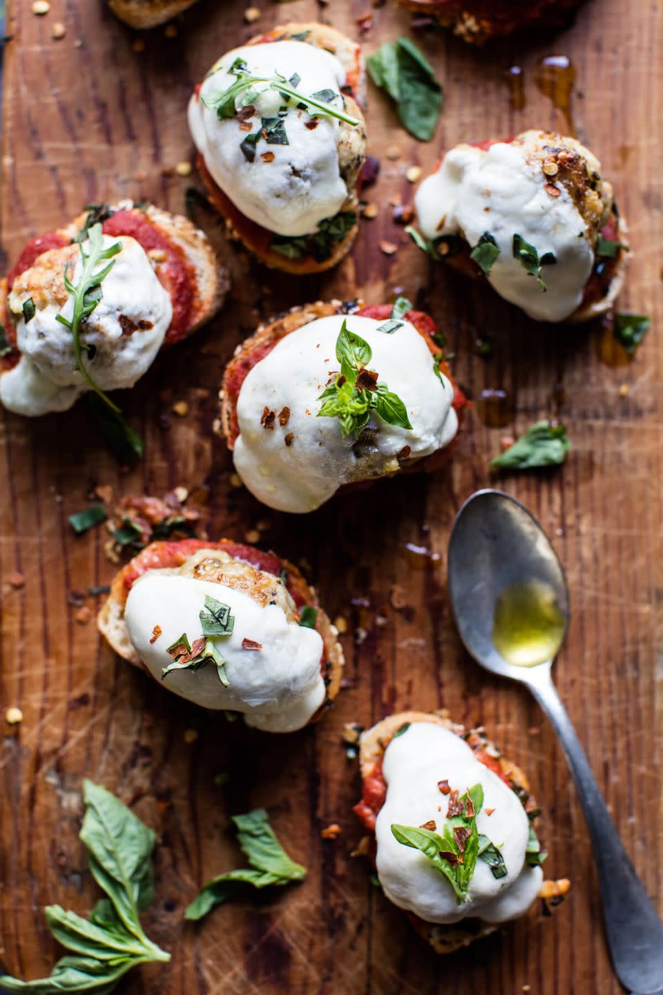 Chicken Parmesan Meatball Crostini