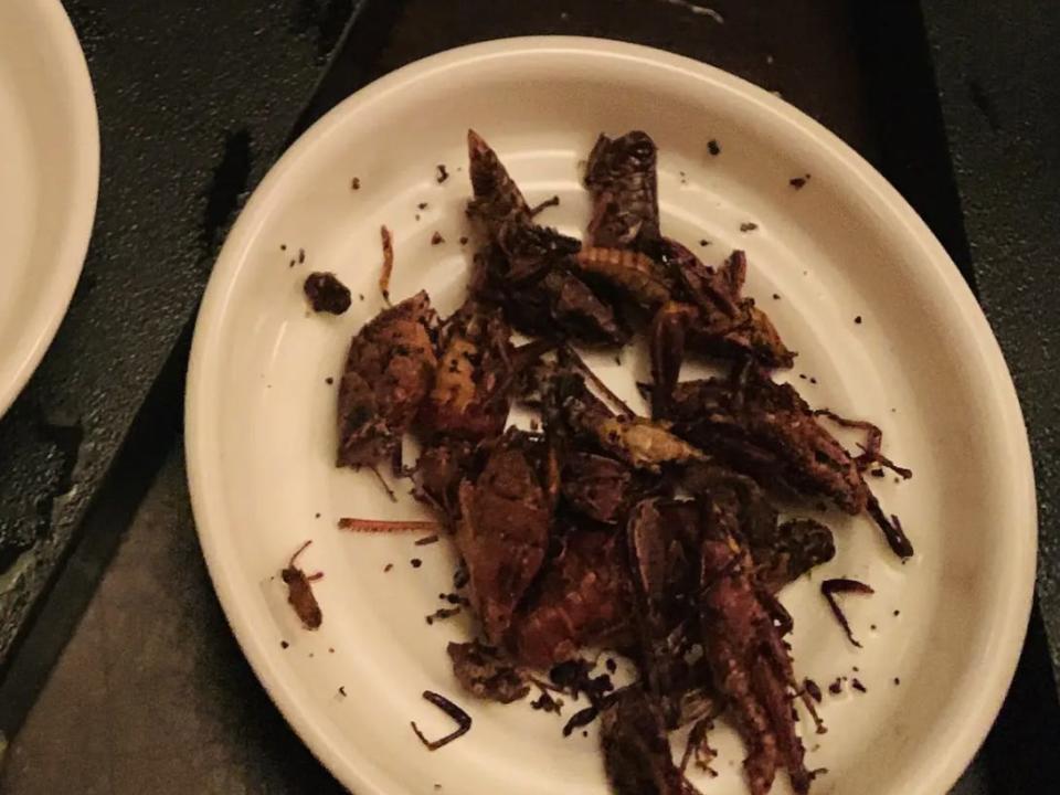 Fried grasshoppers on a plate.