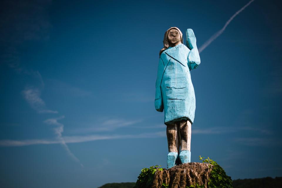 A picture taken on July 5, 2019 shows what conceptual artist Ales 'Maxi' Zupevc claims is the first ever monument of Melania Trump, set in the fields near town of Sevnica, US First Ladys hometown. - After Melania cake, Melania honey, and even Melania slippers, the Slovenian hometown of the US's first lady will now boast a statue of its most famous daughter -- albeit one which has faced decidedly mixed reviews. The life-size statue on the outskirts of Sevnica was inaugurated on July 5, 2019. (Photo by Jure Makovec / AFP) / RESTRICTED TO EDITORIAL USE - MANDATORY MENTION OF THE ARTIST UPON PUBLICATION - TO ILLUSTRATE THE EVENT AS SPECIFIED IN THE CAPTION        (Photo credit should read JURE MAKOVEC/AFP via Getty Images)