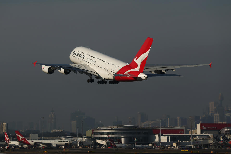 SYDNEY, AUSTRALIA - OCTOBER 31: A Qantas A380 takes-off at Sydney Airport priot to the 100 Year Gala Event on October 31, 2019 in Sydney, Australia. (Photo by Brendon Thorne/Getty Images)