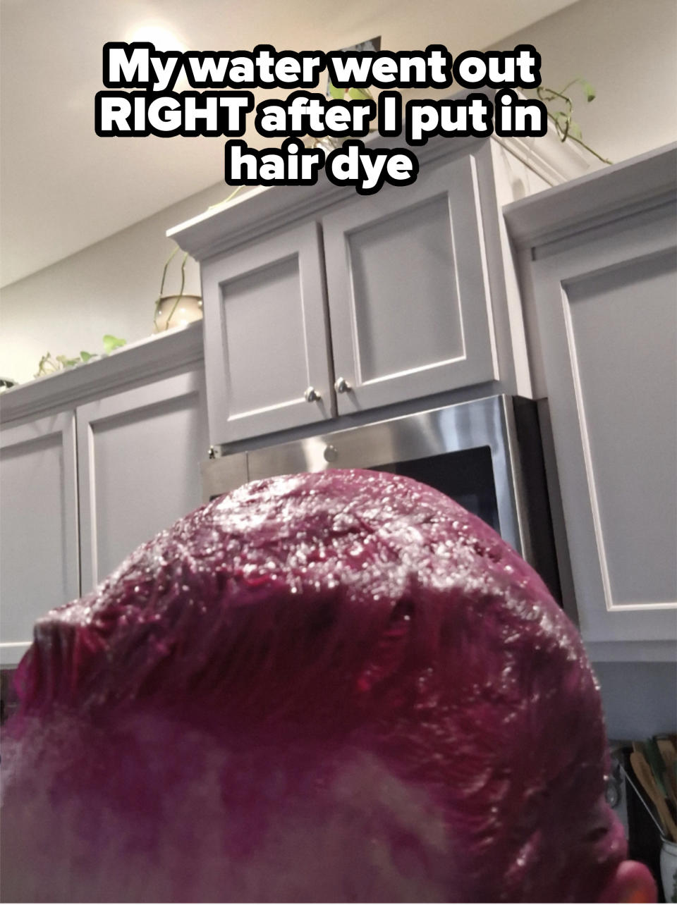 Person seen from behind with wet hair dye applied, standing in a kitchen with white cabinets and a small plant visible above the cabinets