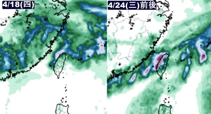 2波春雨的時間分別在4月18日以及24日前後。（圖／翻攝自觀氣象看天氣臉書）