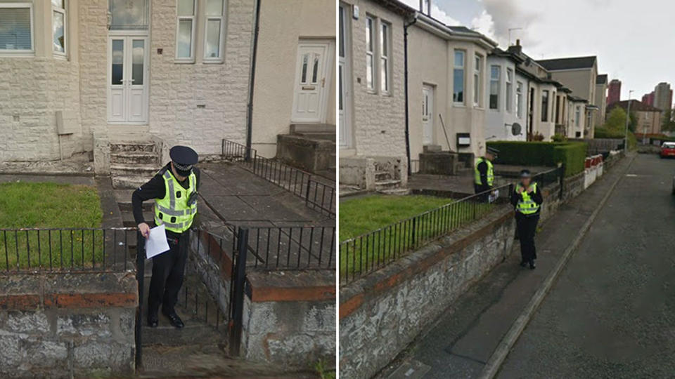 Police officers shown in front of a home in Glasgow, Scotland.