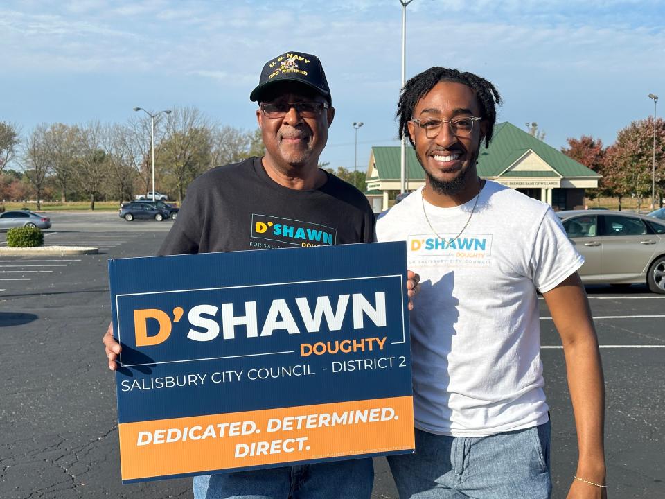 District 2 Salisbury City Council candidate D'Shawn Doughty smiles alongside of his grandfather outside of Oak Ridge Baptist Church on Tuesday, Nov. 7, 2023, in Salisbury, Maryland.