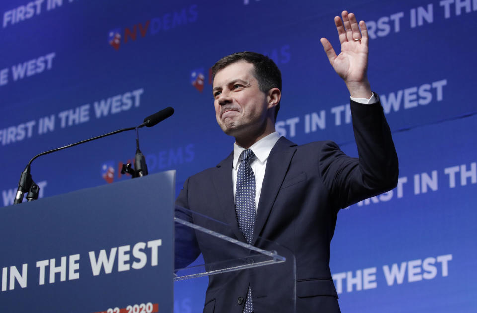 Democratic presidential candidate South Bend, Ind., Mayor Pete Buttigieg speaks during a fundraiser for the Nevada Democratic Party, Sunday, Nov. 17, 2019, in Las Vegas. (AP Photo/John Locher)