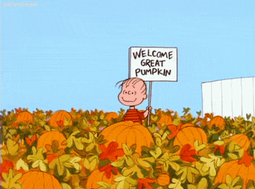 Charlie brown holding a sign in a pumpkin patch that reads "welcome great pumpkin"