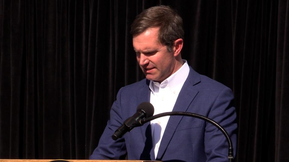 STILL FROM VIDEO: Kentucky Governor Andy Beshear spoke at the Muhammad Ali Center during a vigil held in memory of the Old National Bank shooting victim