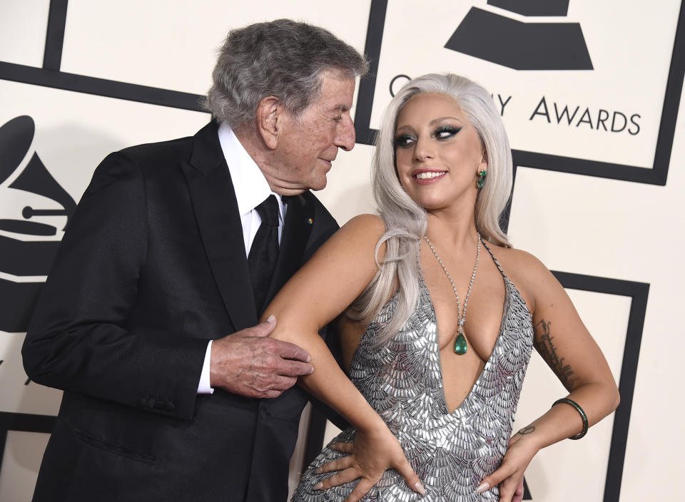 FILE - Tony Bennett, left, and Lady Gaga appear at the 57th annual Grammy Awards in Los Angeles on Feb. 8, 2015. Bennett died Friday, July 21, 2023. at age 96. (Photo by Jordan Strauss/Invision/AP, File)