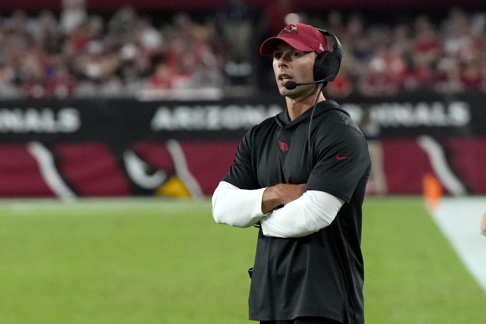 Arizona Cardinals head coach Jonathan Gannon watches during the first half of an NFL preseason football game against the Kansas City Chiefs, Saturday, Aug. 19, 2023, in Glendale, Ariz. (AP Photo/Rick Scuteri)