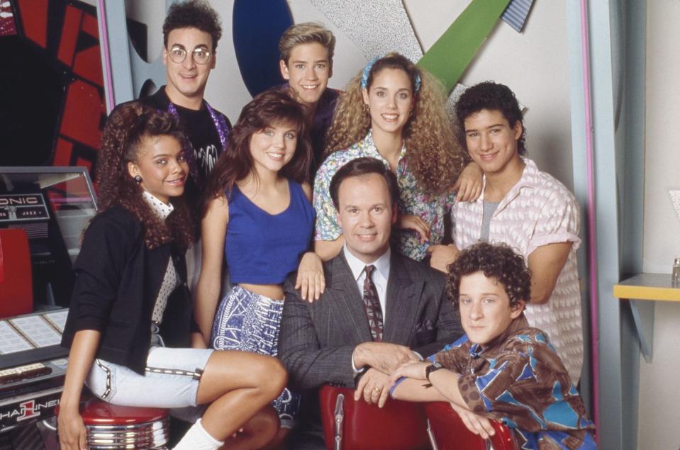 saved by the bell    pictured l r lark voorhies as lisa turtle, ed alonzo as max, tiffani thiessen as kelly kapowski, mark paul gosselaar as zack morris, dennis haskins as mr richard belding, elizabeth berkley as jessie myrtle spano, dustin diamond as screech powers, mario lopez as ac slater  photo by nbcu photo banknbcuniversal via getty images via getty images