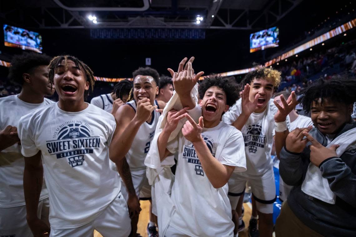 Warren Central celebrated after winning the state championship last season in Rupp Arena. The Dragons are back in Lexington to defend their crown this week.