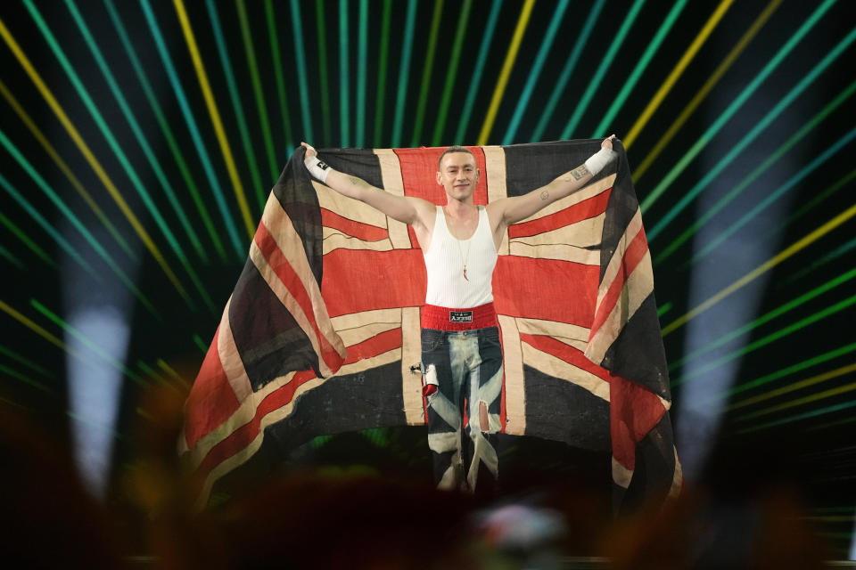 Olly Alexander of United Kingdom poses during the flag parade, of the Grand Final of the Eurovision Song Contest in Malmo, Sweden, Saturday, May 11, 2024. (AP Photo/Martin Meissner)