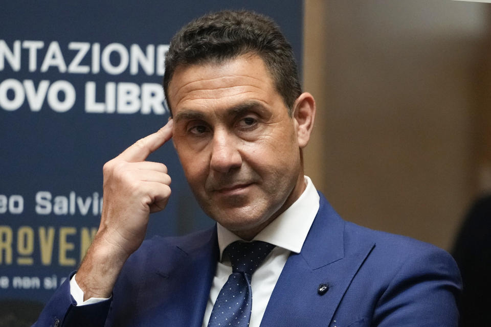 General Roberto Vannacci attends the presentation of a book by the League leader Matteo Salvini in Rome, Tuesday, April 30, 2024. Vannacci will be one of the League candidates at the next European Parliament elections. (AP Photo/Alessandra Tarantino)