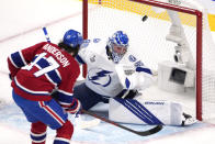 Montreal Canadiens right wing Josh Anderson (17) scores past Tampa Bay Lightning goaltender Andrei Vasilevskiy (88) during the first period of Game 4 of the NHL hockey Stanley Cup final in Montreal, Monday, July 5, 2021. (Paul Chiasson/The Canadian Press via AP)