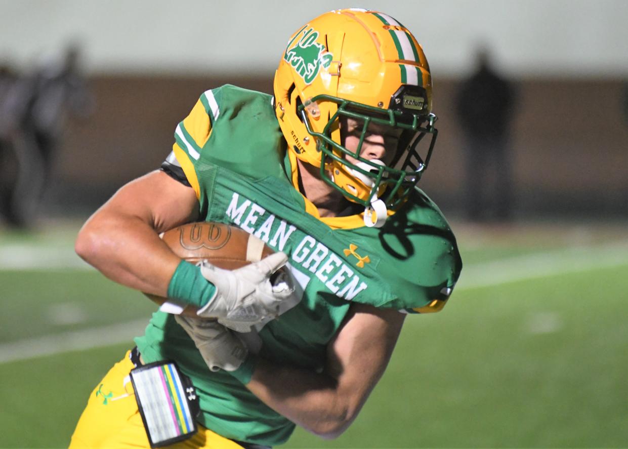 New Deal's Slade Martin runs after a catch against Forsan in a Class 2A Division I area playoff Thursday, Nov. 18, 2021, at Wolf Stadium in Colorado City.