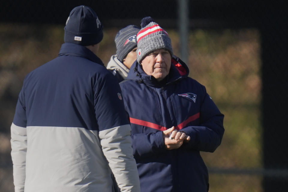 New England Patriots head coach Bill Belichick watches his players during an NFL football practice, Wednesday, Jan. 3, 2024, in Foxborough, Mass. (AP Photo/Charles Krupa)