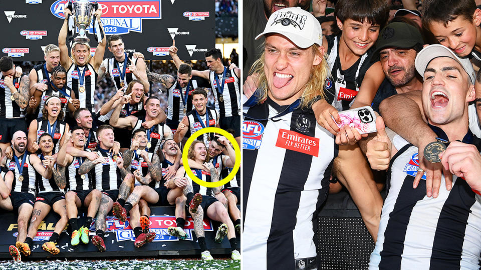 Brayden Maynard celebrates after Collingwood's win over Brisbane in the AFL grand final.