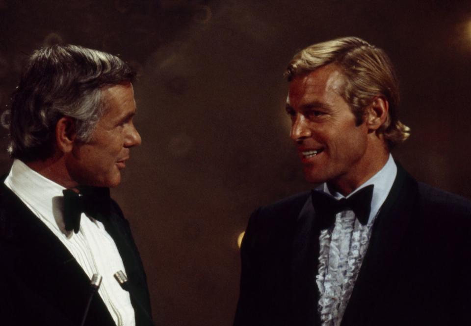 <p>Johnny Carson and Richard Chamberlain chat it up on the stage at the Shubert Theatre. The legendary late-night comedian won four Emmys during his time as the <em>Tonight Show</em> host.</p>