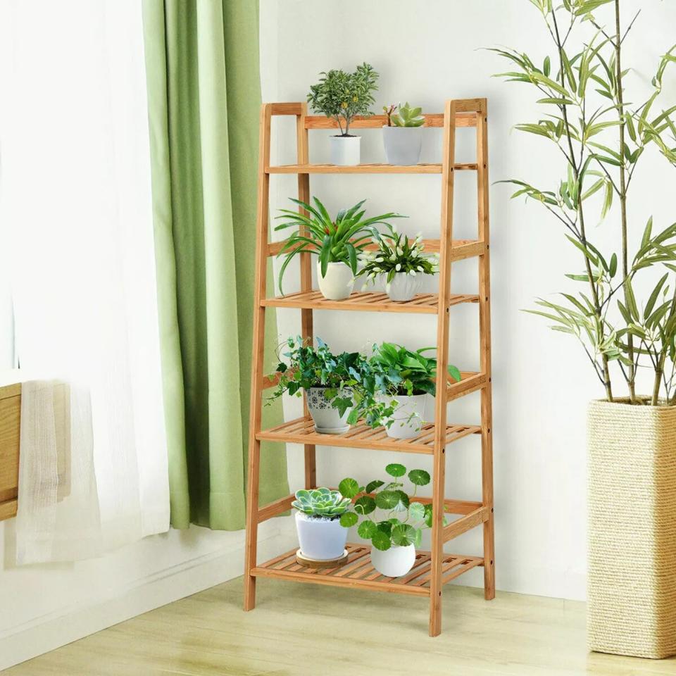 Costway Four-Tier Bamboo Ladder Shelf Multipurpose Plant Display Stand