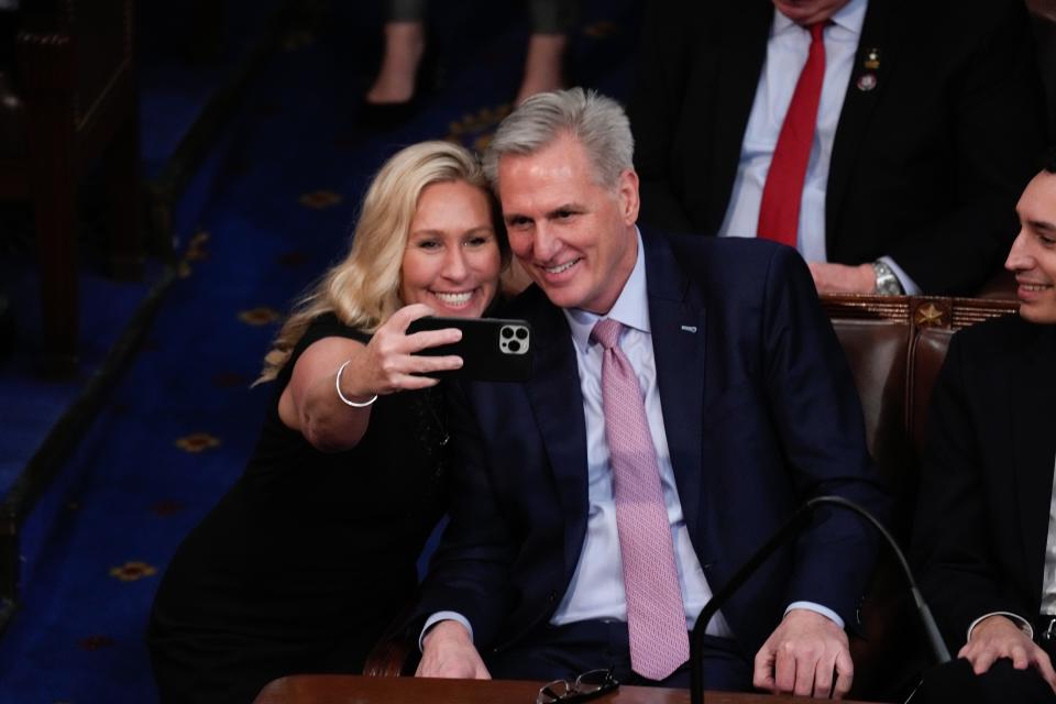 Majorie Taylor Greene, show here taking a selfie in January with newly elected speaker Kevin McCarthy, was one of the conservative politicians who signaled her approval of "Rich Men North of Richmond," a viral hit country song that actually lambasts politicians in Washington, D.C.