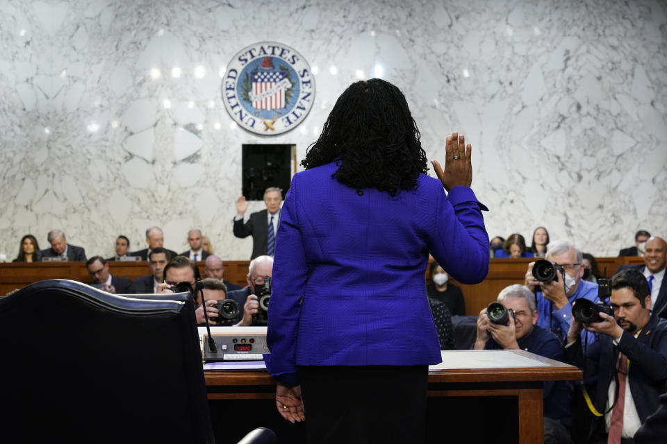 FILE - Supreme Court nominee Ketanji Brown Jackson is sworn in during her Senate Judiciary Committee confirmation hearing on Capitol Hill in Washington, March 21, 2022. (AP Photo/J. Scott Applewhite, Pool, File)