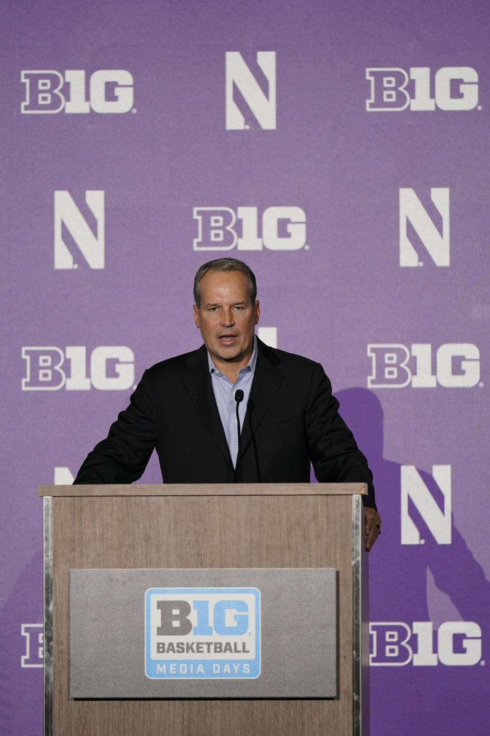 Northwestern men's head coach Chris Collins speaks during Big Ten NCAA college basketball Media Days Tuesday, Oct. 11, 2022, in Minneapolis. (AP Photo/Abbie Parr)