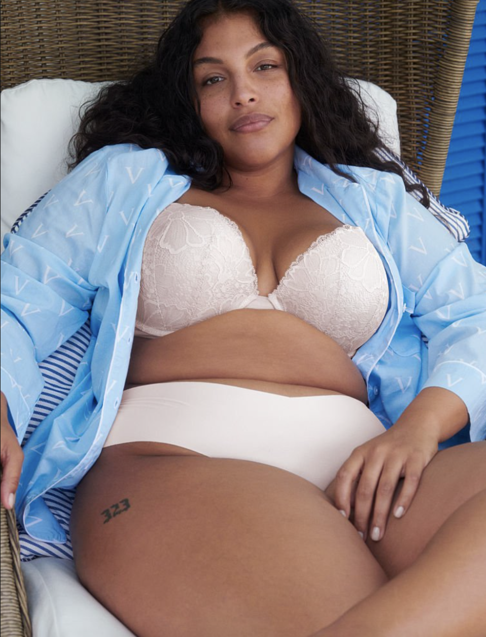 plus size model wearing blue shirt and white pantie and bra set, Sexy Tee Lace Lightly-Lined Demi Bra (Photo via Victoria's Secret)