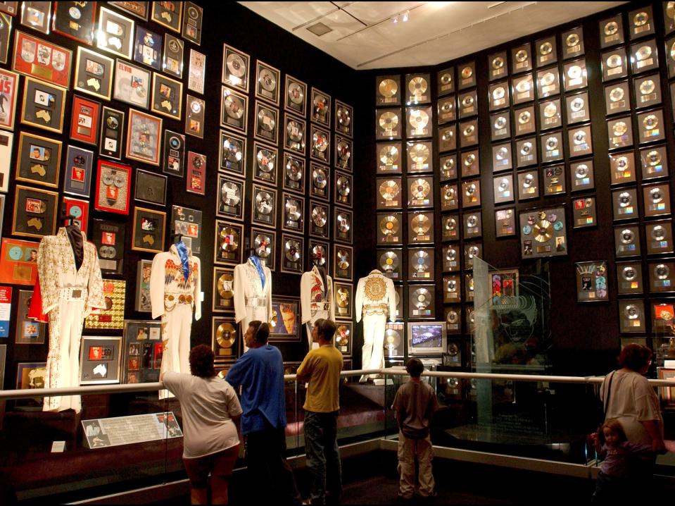 Elvis Presley memorabilia on display in the racquetball building in Graceland.