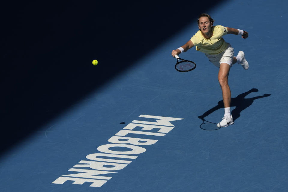 Sebastian Korda of the U.S. plays a forehand return to Hubert Hurkacz of Poland during their fourth round match at the Australian Open tennis championship in Melbourne, Australia, Sunday, Jan. 22, 2023. (AP Photo/Mark Baker)