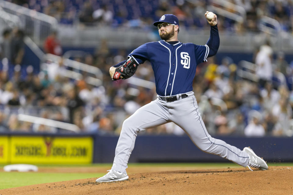 San Diego Padres starting pitcher Logan Allen (54) pitches against the Miami Marlins in the second inning of a baseball game at Marlins Park in Miami on Tuesday, July 16, 2019. (MATIAS J. OCNER/Miami Herald/TNS via Getty Images)