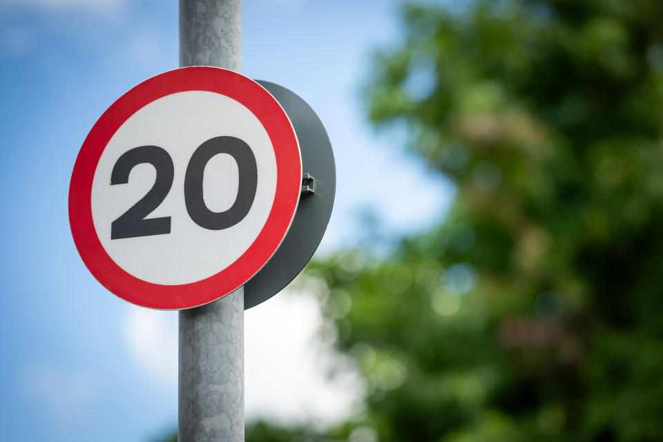 CARDIFF, WALES - AUGUST 21: A 20mph speed limit sign on August 21, 2023 in Cardiff, Wales. (Photo by Matthew Horwood/Getty Images)