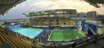 <p>General view of the Olympic diving pool (R) and the pool for the synchronized swimming (L) this afternoon. REUTERS/Sylvain Marchandise </p>