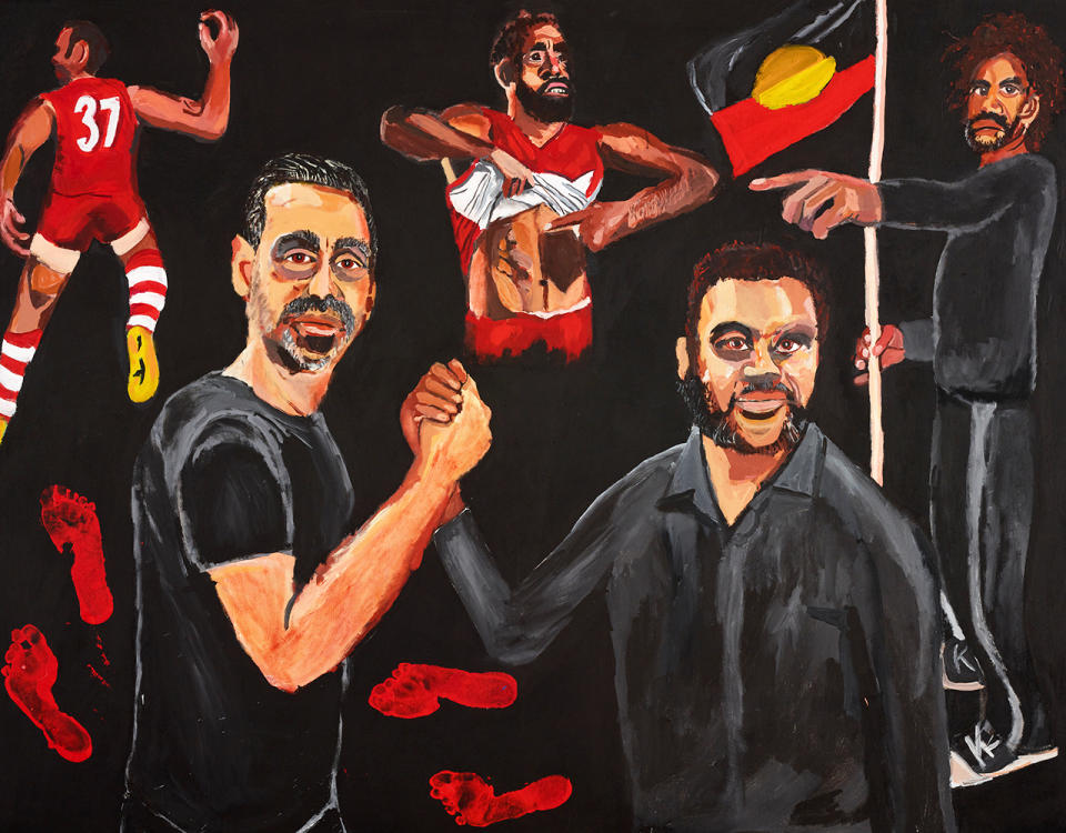 Vincent Namatjira's Archibald Prize winning portrait, pictured here featuring Adam Goodes.