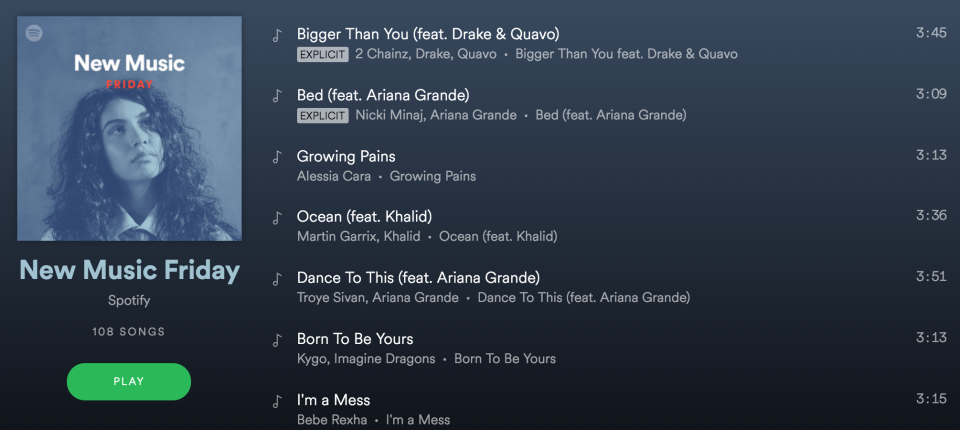 Spotify’s “New Music Friday” list last week.