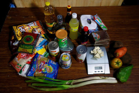 Grocery products lie next to coca paste worth $110,000 Colombian pesos at a local store in Guyabero Region, Guaviare, Colombia, May 24, 2016. REUTERS/John Vizcaino