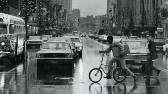 Downtown Akron is decked out for Christmas 1970. This view is looking north on South Main Street.