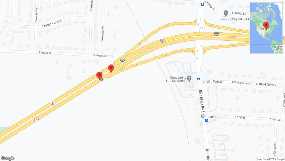 A detailed map that shows the affected road due to 'Broken down vehicle on eastbound I-470 in Kansas City' on December 15th at 11:33 p.m.