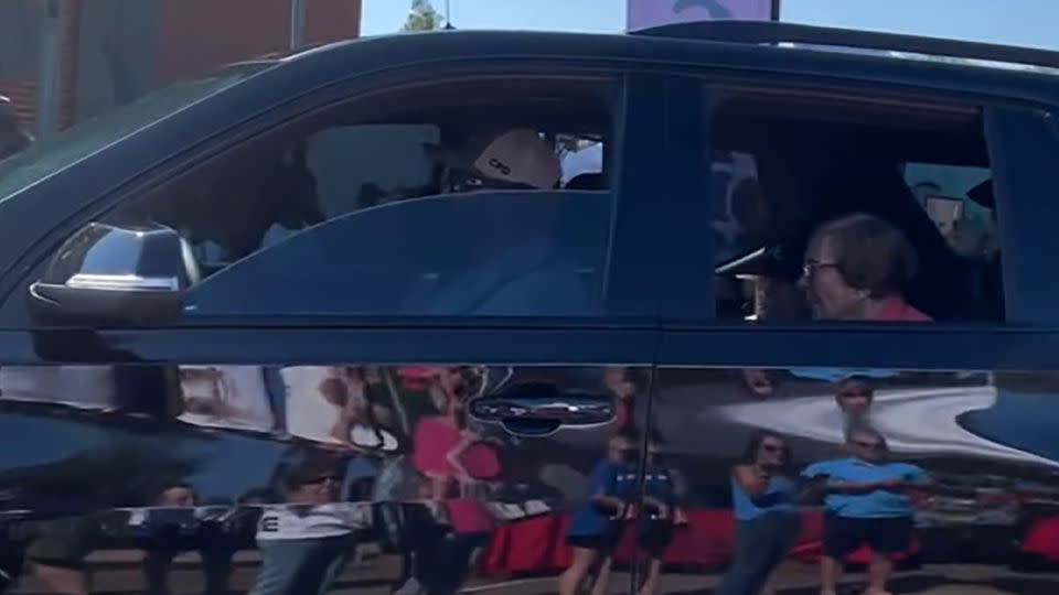 In this still taken from a video, former President Jimmy Carter and his wife, Rosalynn, appear at the Plains Peanut Festival parade in Plains, Georgia, on September 23, 2023. - Erikka Bettis Williams