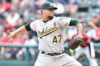 May 22, 2019; Cleveland, OH, USA; Oakland Athletics starting pitcher Frankie Montas (47) throws a pitch during the first inning against the Cleveland Indians at Progressive Field. Mandatory Credit: Ken Blaze-USA TODAY Sports