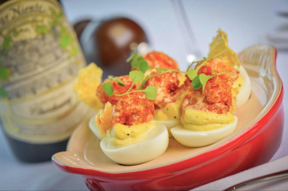 Steak 48’s Crispy Shrimp Deviled Eggs are enhanced with sweet Thai chili.