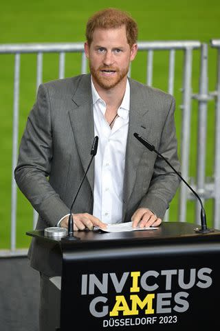 <p>Joshua Sammer/Getty </p> Prince Harry, Duke of Sussex attends a press conference at the Merkur Spiel Arena during the Invictus Games Dusseldorf 2023 - One Year To Go launch event on September 06, 2022 in Dusseldorf, Germany.