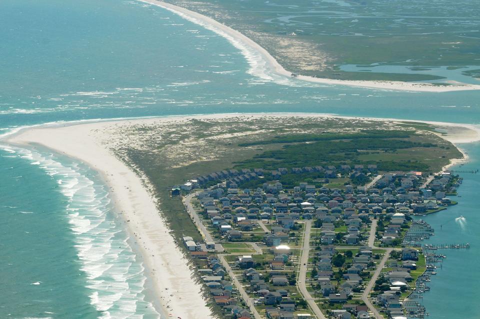 A 2015 aerial photo of Lea-Hutaff Island and Topsail Inlet. The new Motus tower is located about a third of the way down the undeveloped Pender County barrier island. KEN BLEVINS/STARNEWS