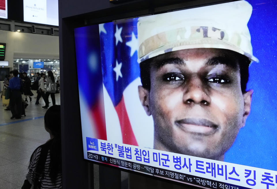 A TV screen shows a file image of American soldier Travis King during a news program at the Seoul Railway Station in Seoul, South Korea, Wednesday, Sept. 27, 2023. North Korea said Wednesday that it will expel King who crossed into the country through the heavily armed border between the Koreas in July. (AP Photo/Ahn Young-joon)